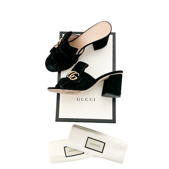 Gucci Shoes - Gucci Marmont GG Logo Black Suede Fringe High Heeled Slip On Mules Slides 38.5
